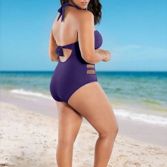 Venus Mesh Side Purple One Piece Plus Size Swimsuit - Picture 2 of 2